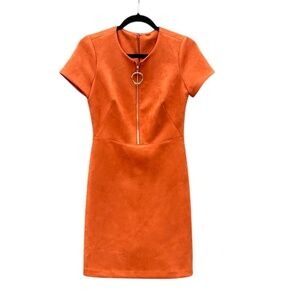 Calvin Klein Faux Suede Dress Burnt Orange Size 4 Gold Zip Circle Pull Accent